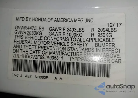 2018 Honda Accord Touring 2.0T from USA, damaged, VIN 1HGCV2F99JA005811